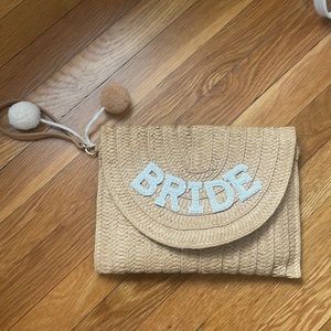 Large rattan bride clutch wristlet with pearl lettering